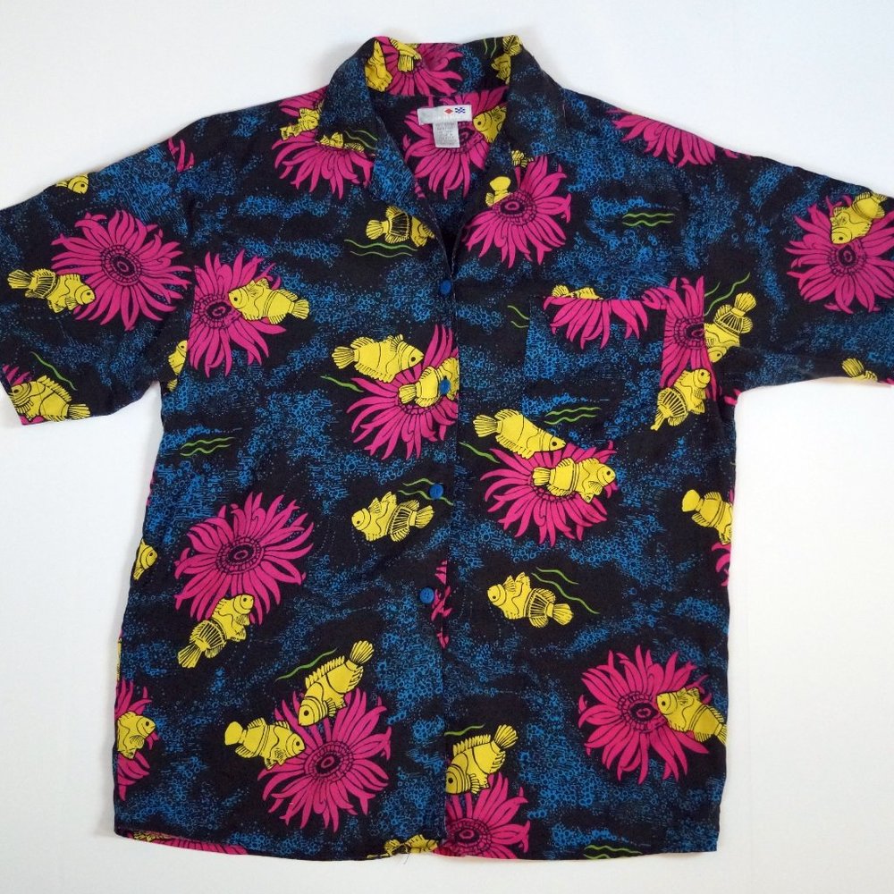 VTG 80s 90s French Navy Fish Print Camp Shirt